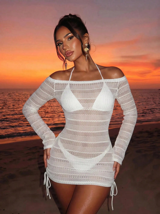 Sirith Summer Beach Women's Hollow Out Off Shoulder Dress Vacation White