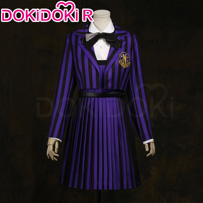 【Size XS-2XL】DokiDoki-R TV Cosplay Addamms Costume Uniform Purple Black Stripes