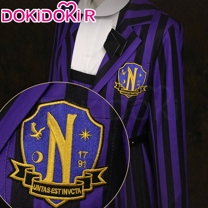 【Size XS-2XL】DokiDoki-R TV Cosplay Addamms Costume Uniform Purple Black Stripes
