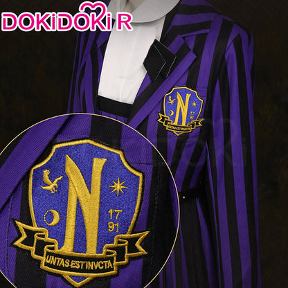 【Size XS-2XL】DokiDoki-R TV Cosplay Addamms Costume Uniform Purple Black Stripes