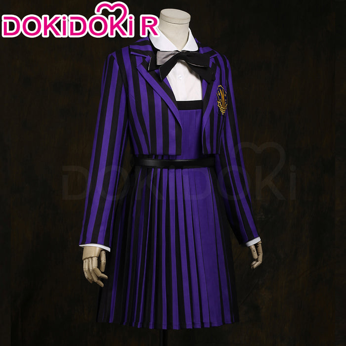 【Size XS-2XL】DokiDoki-R TV Cosplay Addamms Costume Uniform Purple Black Stripes