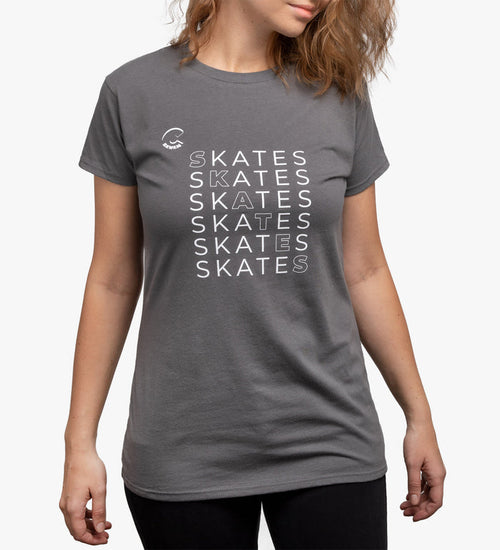 Person wearing a gray t-shirt with 'SKATES' text pattern on a white background