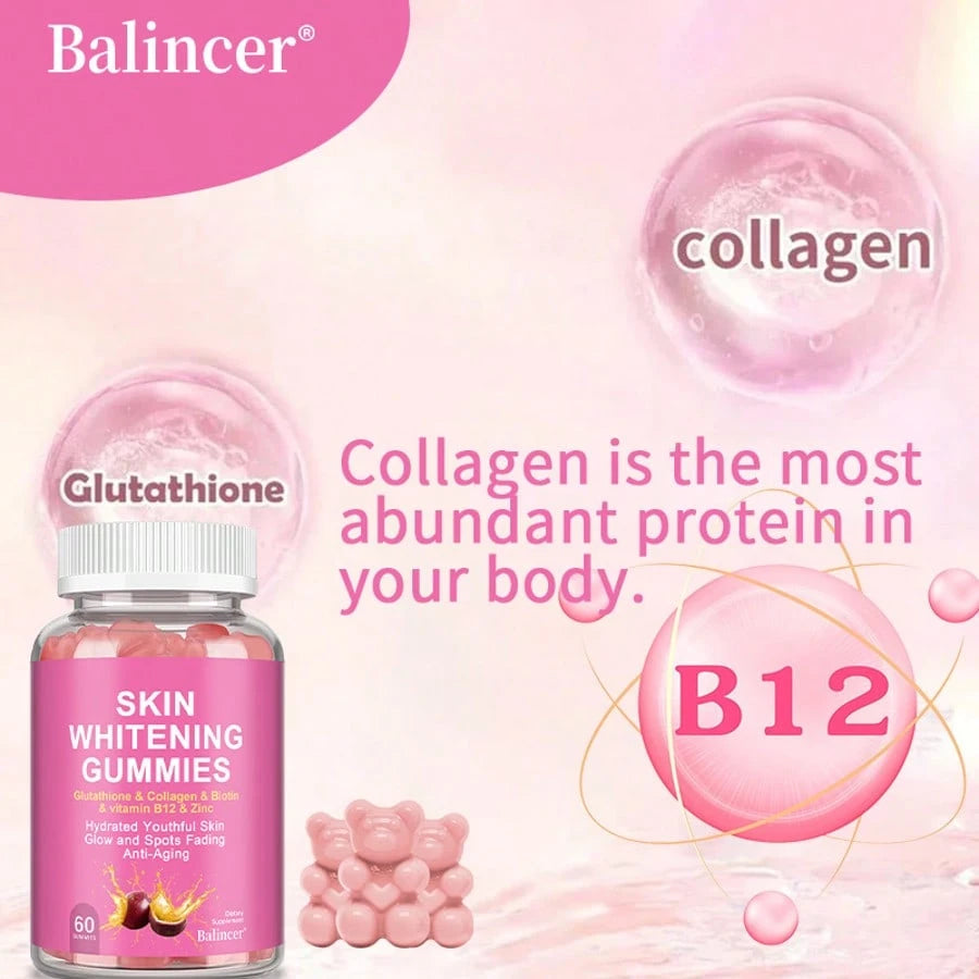 Skin Whitening Gummies, An Antioxidant Supplement- Rich In Glutathione, Collagen, Biotin, Vitamin B12, And Zinc To Protect Healthy Skin- 60 Gummies