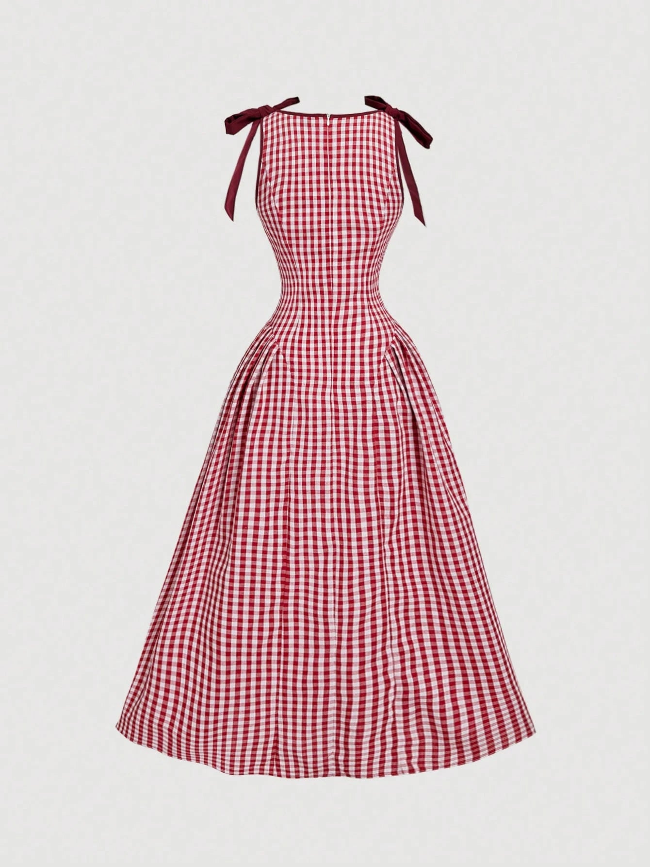 Skyraze Red And White Plaid Plaid Sleeveless Dress With Bow Decor And Fla Skirt, Suitable For Christmas And New Year Vacation Summer Cottagecore