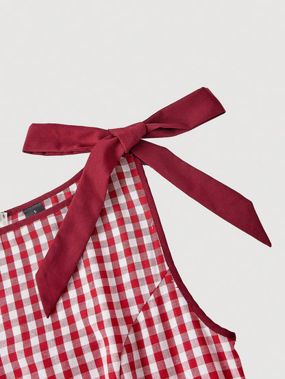 Skyraze Red And White Plaid Plaid Sleeveless Dress With Bow Decor And Fla Skirt, Suitable For Christmas And New Year Vacation Summer Cottagecore