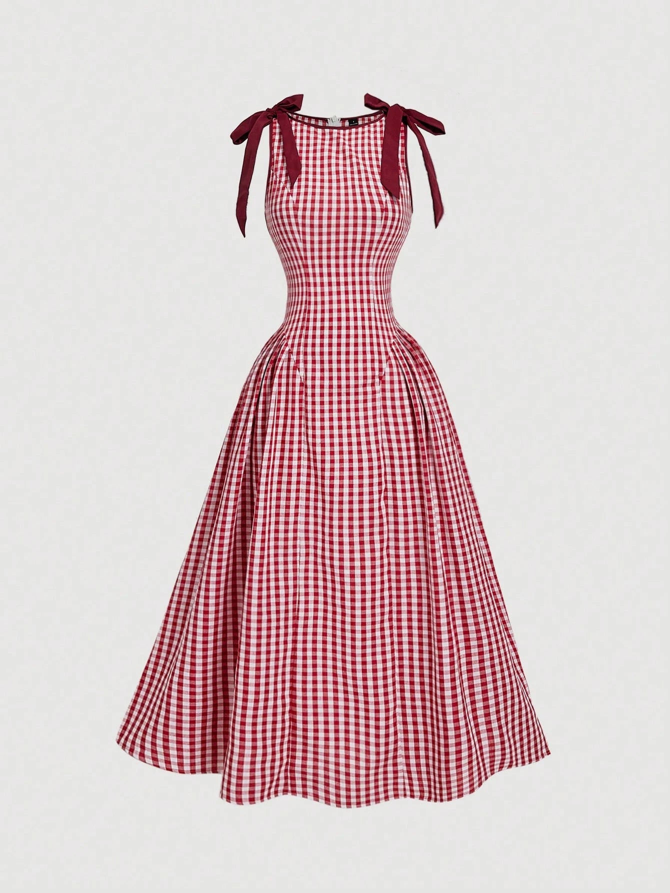 Skyraze Red And White Plaid Plaid Sleeveless Dress With Bow Decor And Fla Skirt, Suitable For Christmas And New Year Vacation Summer Cottagecore