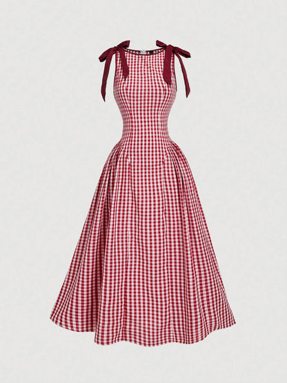Skyraze Red And White Plaid Plaid Sleeveless Dress With Bow Decor And Fla Skirt, Suitable For Christmas And New Year Vacation Summer Cottagecore