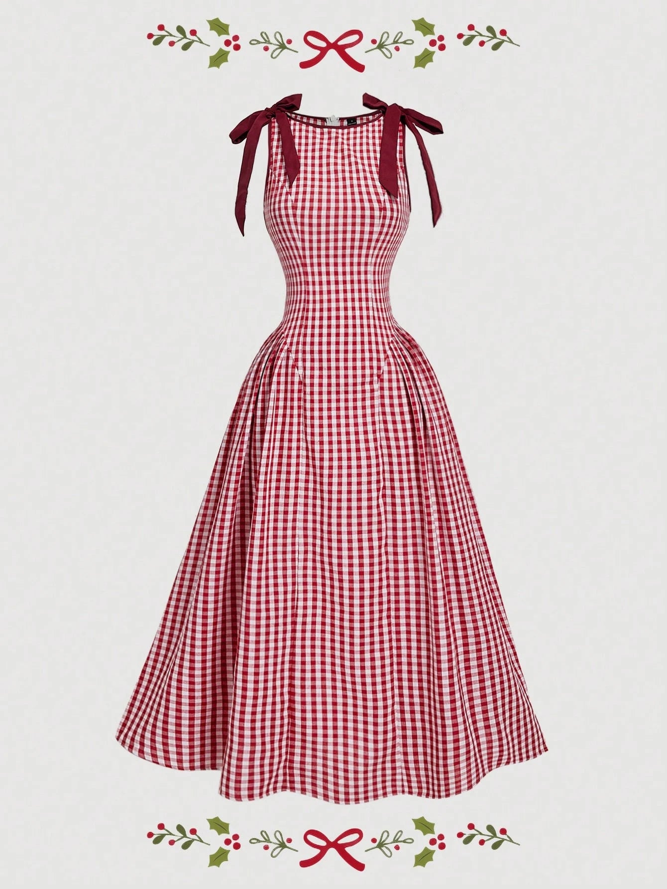Skyraze Red And White Plaid Plaid Sleeveless Dress With Bow Decor And Fla Skirt, Suitable For Christmas And New Year Vacation Summer Cottagecore