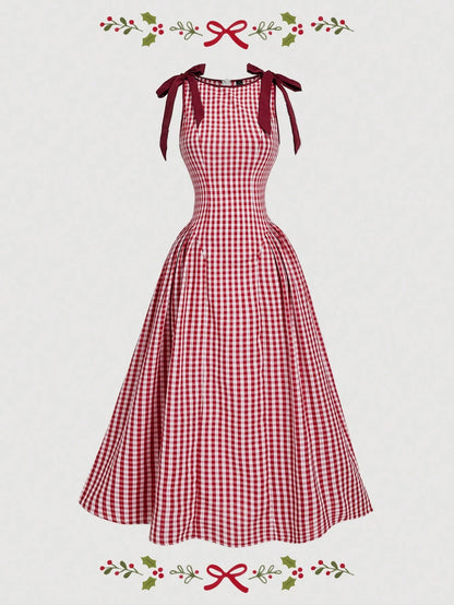 Skyraze Red And White Plaid Plaid Sleeveless Dress With Bow Decor And Fla Skirt, Suitable For Christmas And New Year Vacation Summer Cottagecore