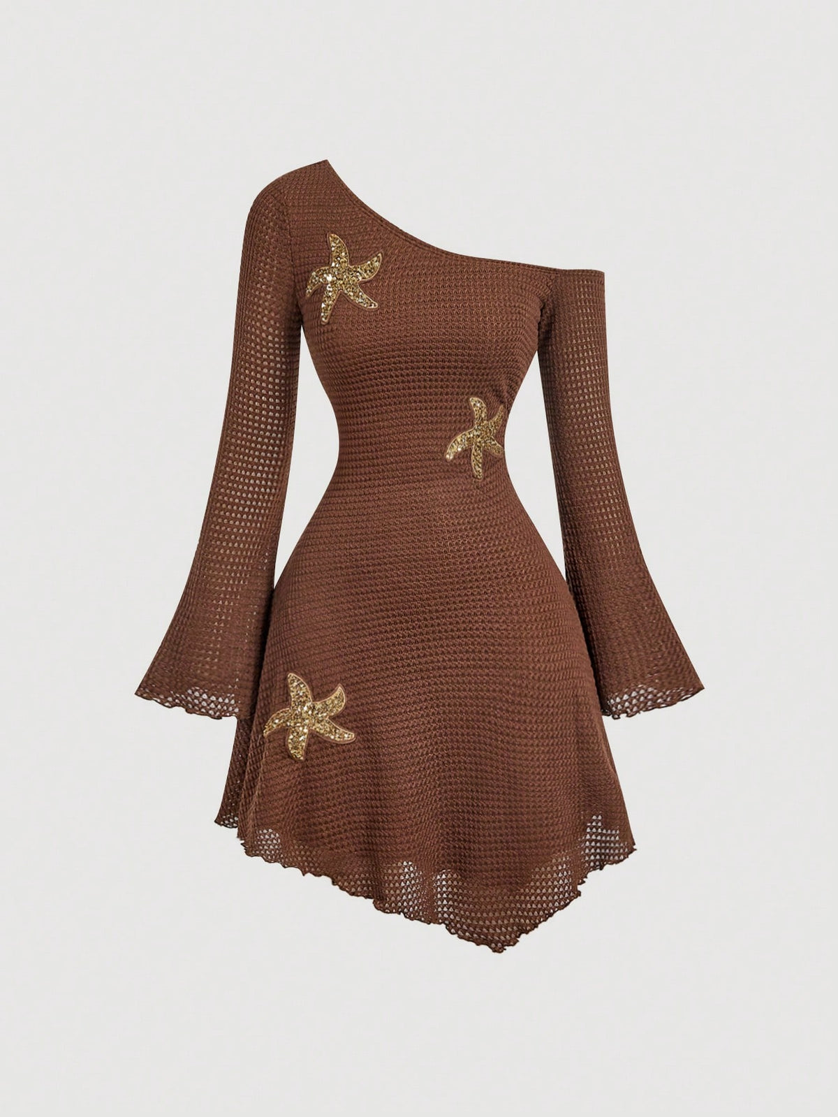 Skyraze Women's Coffee Brown Crochet Mini Dress,One Shoulder Hollow Out Mesh Knit Beach Cover Up,Starfish Detail Slim Fit Boho Beach Summer Holiday Holiday