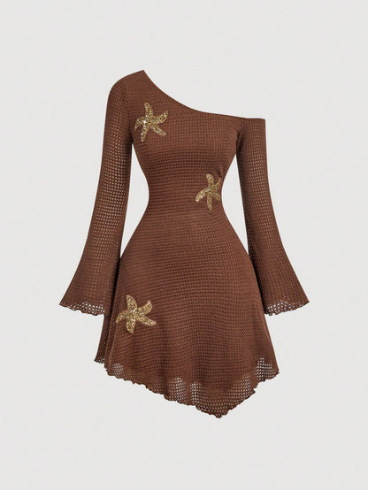 Skyraze Women's Coffee Brown Crochet Mini Dress,One Shoulder Hollow Out Mesh Knit Beach Cover Up,Starfish Detail Slim Fit Boho Beach Summer Holiday Holiday