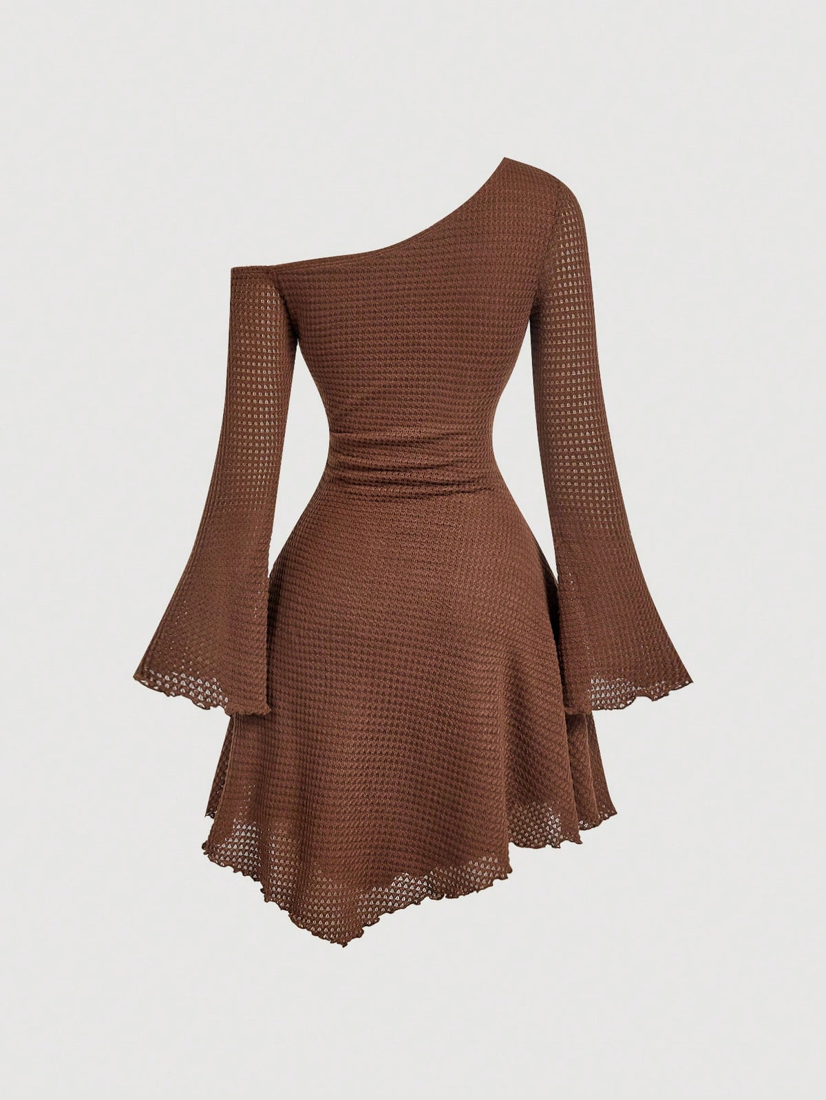 Skyraze Women's Coffee Brown Crochet Mini Dress,One Shoulder Hollow Out Mesh Knit Beach Cover Up,Starfish Detail Slim Fit Boho Beach Summer Holiday Holiday