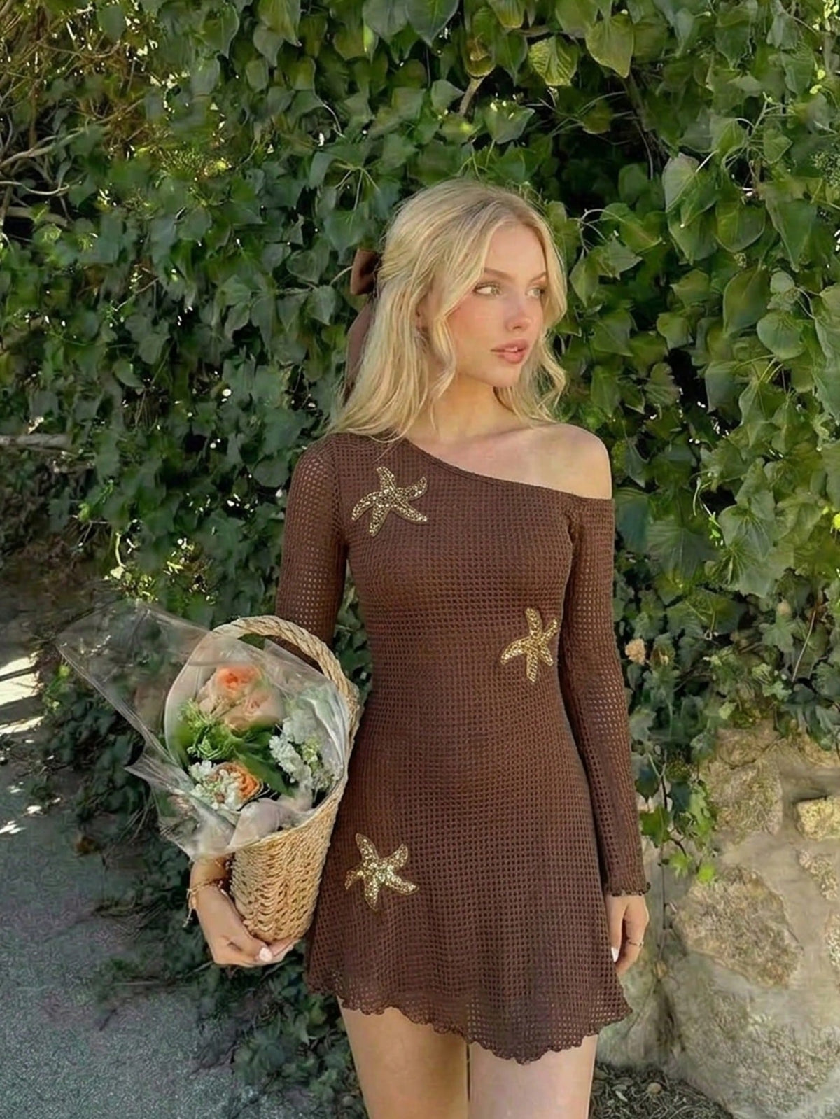 Skyraze Women's Coffee Brown Crochet Mini Dress,One Shoulder Hollow Out Mesh Knit Beach Cover Up,Starfish Detail Slim Fit Boho Beach Summer Holiday Holiday
