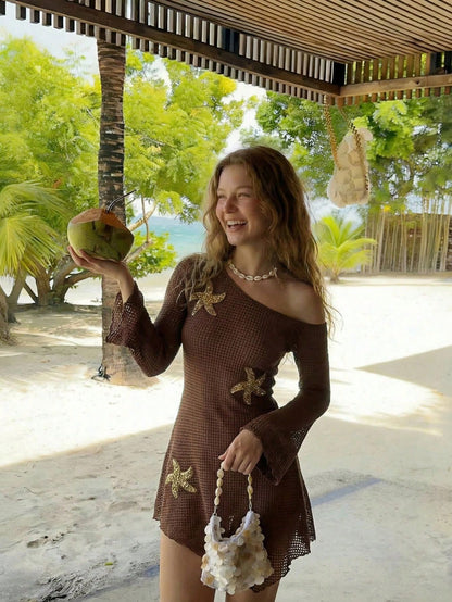 Skyraze Women's Coffee Brown Crochet Mini Dress,One Shoulder Hollow Out Mesh Knit Beach Cover Up,Starfish Detail Slim Fit Boho Beach Summer Holiday Holiday