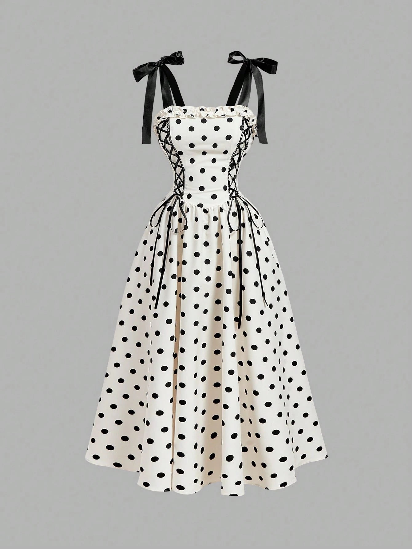 Skyraze Women's Contrast Color Black White Polka Dot Bow Tie Long Dress Vacation Summer 70s Retro Vintage Cottagecore Old Money Festa Junina Party Picnic
