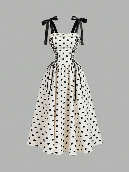 Skyraze Women's Contrast Color Black White Polka Dot Bow Tie Long Dress Vacation Summer 70s Retro Vintage Cottagecore Old Money Festa Junina Party Picnic