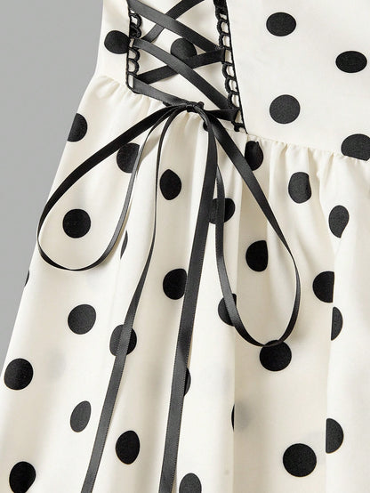 Skyraze Women's Contrast Color Black White Polka Dot Bow Tie Long Dress Vacation Summer 70s Retro Vintage Cottagecore Old Money Festa Junina Party Picnic