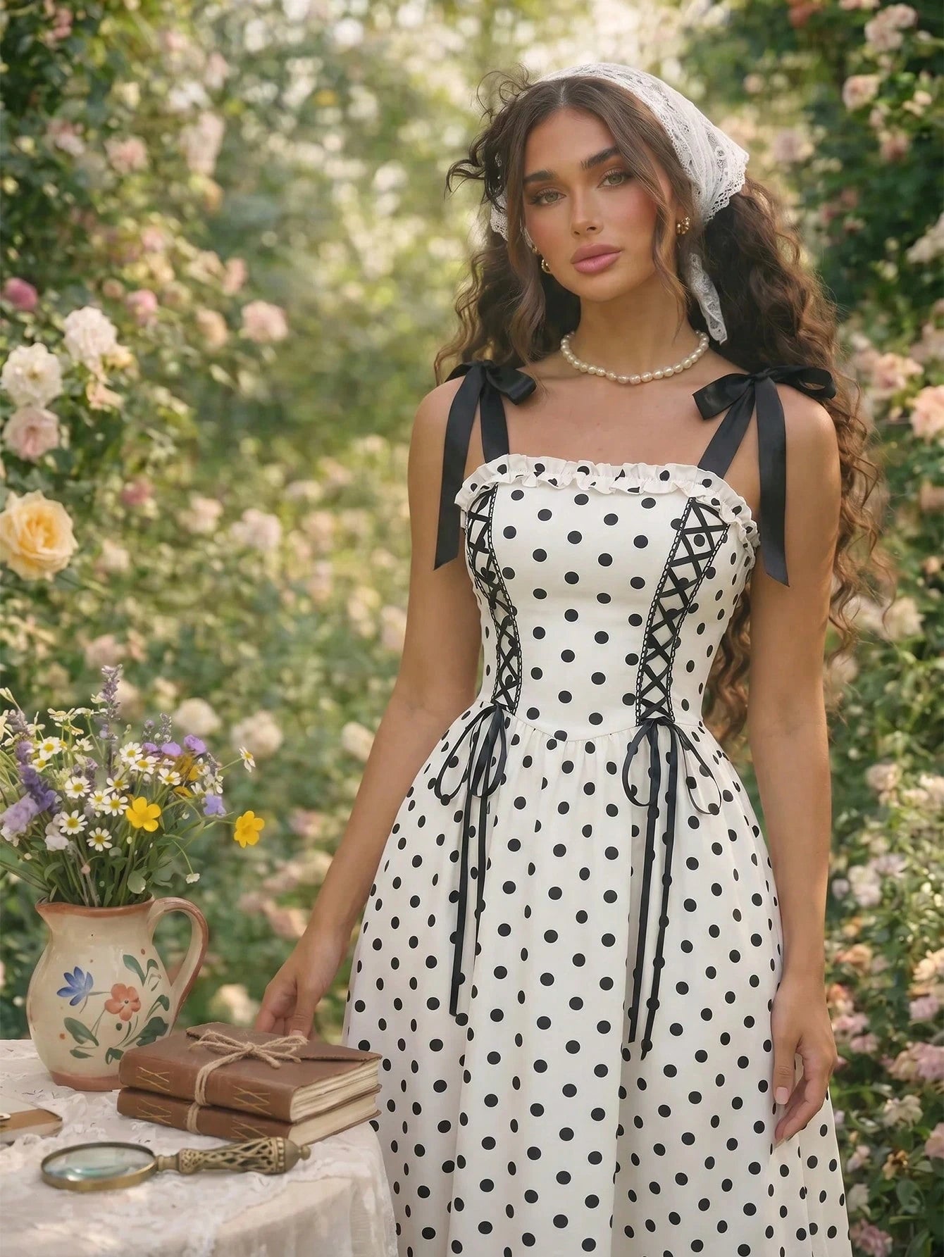 Skyraze Women's Contrast Color Black White Polka Dot Bow Tie Long Dress Vacation Summer 70s Retro Vintage Cottagecore Old Money Festa Junina Party Picnic