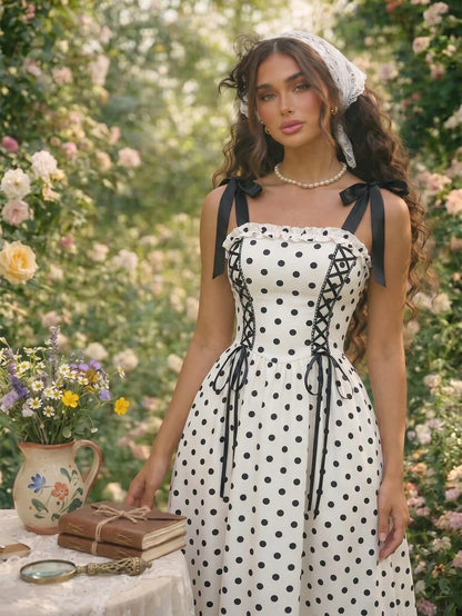 Skyraze Women's Contrast Color Black White Polka Dot Bow Tie Long Dress Vacation Summer 70s Retro Vintage Cottagecore Old Money Festa Junina Party Picnic