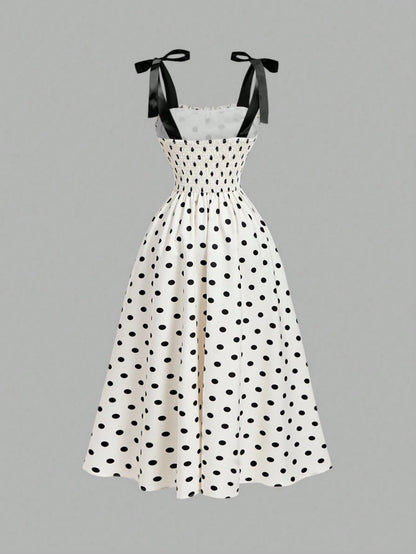 Skyraze Women's Contrast Color Black White Polka Dot Bow Tie Long Dress Vacation Summer 70s Retro Vintage Cottagecore Old Money Festa Junina Party Picnic