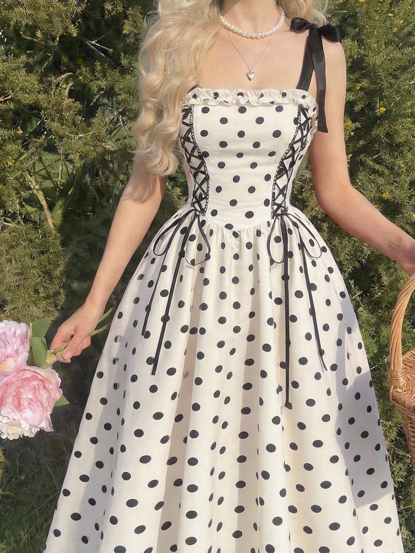 Skyraze Women's Contrast Color Black White Polka Dot Bow Tie Long Dress Vacation Summer 70s Retro Vintage Cottagecore Old Money Festa Junina Party Picnic
