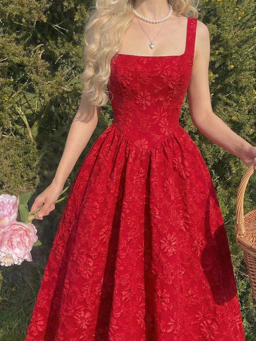 Skyraze Women's Red Vintage Palace Style Jacquard Midi Dress,Elegant Floral Embossed Summer Picnic Outfits, Wedding Guest Formal Ceremony Party Gown