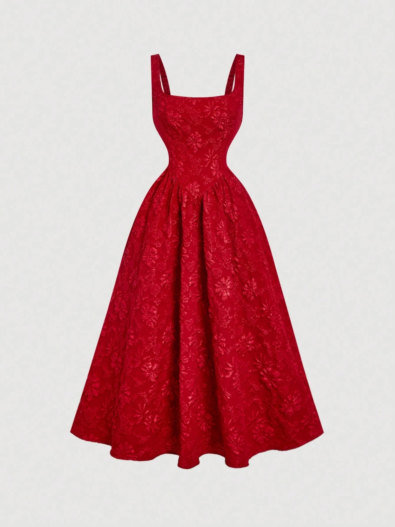 Skyraze Women's Red Vintage Palace Style Jacquard Midi Dress,Elegant Floral Embossed Summer Picnic Outfits, Wedding Guest Formal Ceremony Party Gown