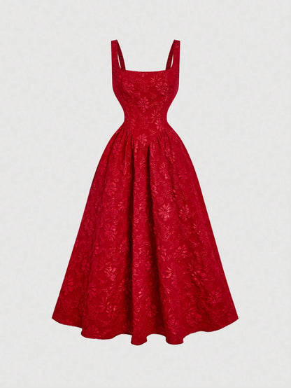 Skyraze Women's Red Vintage Palace Style Jacquard Midi Dress,Elegant Floral Embossed Summer Picnic Outfits, Wedding Guest Formal Ceremony Party Gown
