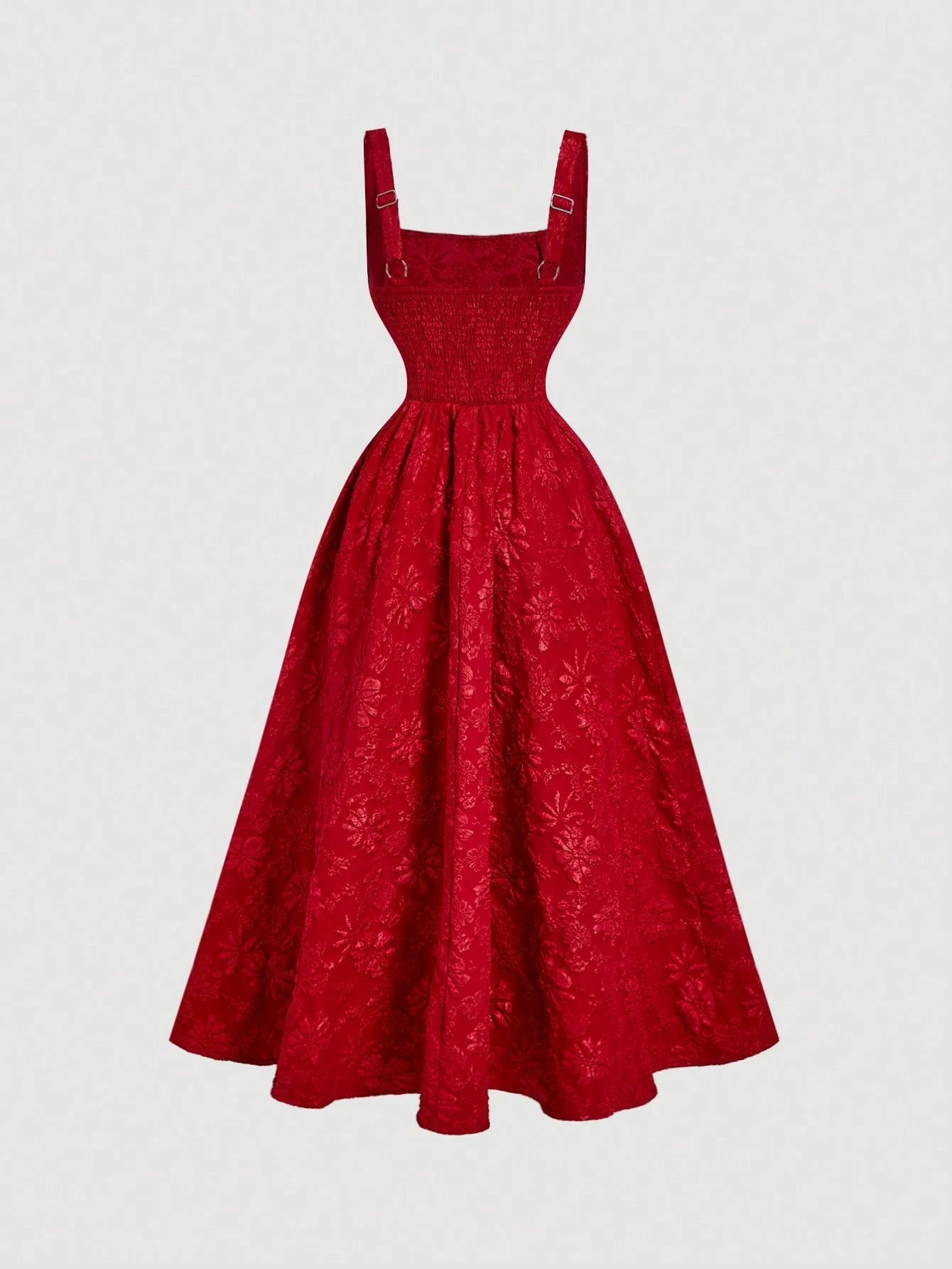 Skyraze Women's Red Vintage Palace Style Jacquard Midi Dress,Elegant Floral Embossed Summer Picnic Outfits, Wedding Guest Formal Ceremony Party Gown