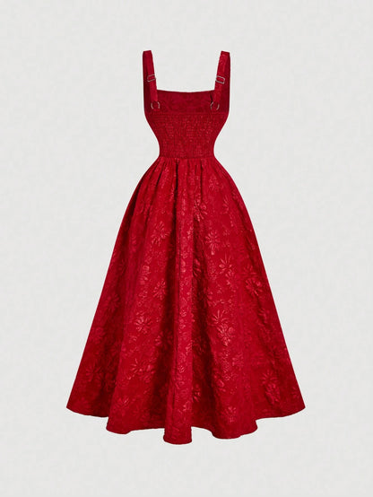 Skyraze Women's Red Vintage Palace Style Jacquard Midi Dress,Elegant Floral Embossed Summer Picnic Outfits, Wedding Guest Formal Ceremony Party Gown
