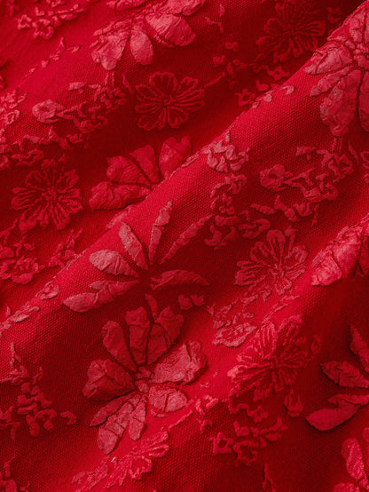 Skyraze Women's Red Vintage Palace Style Jacquard Midi Dress,Elegant Floral Embossed Summer Picnic Outfits, Wedding Guest Formal Ceremony Party Gown