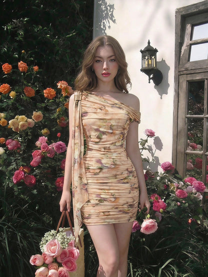 Skyraze Women's Summer Vintage Sexy Elegant Floral Print Asymmetric Neck Bodycon Dress,One Shoulder,Oil Painting,Reception Dress For Guest,Brunch Club Pink