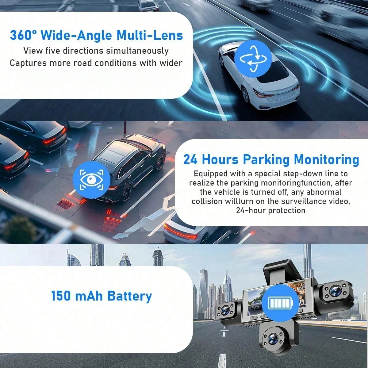 SKYWORTH SIDAKEYE 360° Panoramic 5-Way 1080P Ultimate Dash Cam Kit, Car DVR With Night Vision, 24-Hour Parking Monitoring, G-Sensor, Loop Recording And More