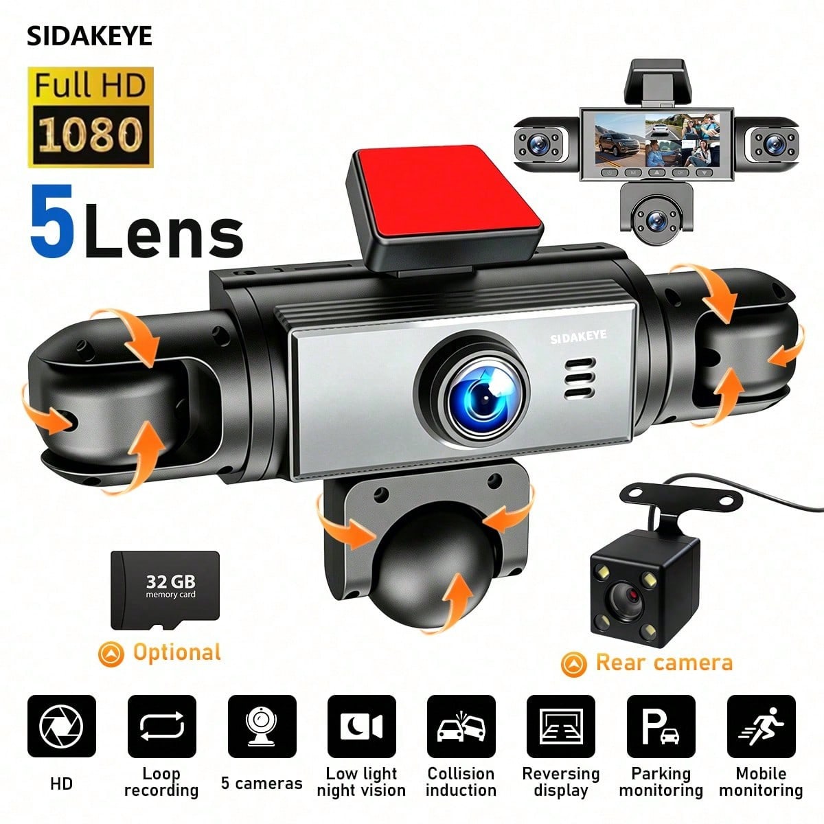 SKYWORTH SIDAKEYE 360° Panoramic 5-Way 1080P Ultimate Dash Cam Kit, Car DVR With Night Vision, 24-Hour Parking Monitoring, G-Sensor, Loop Recording And More