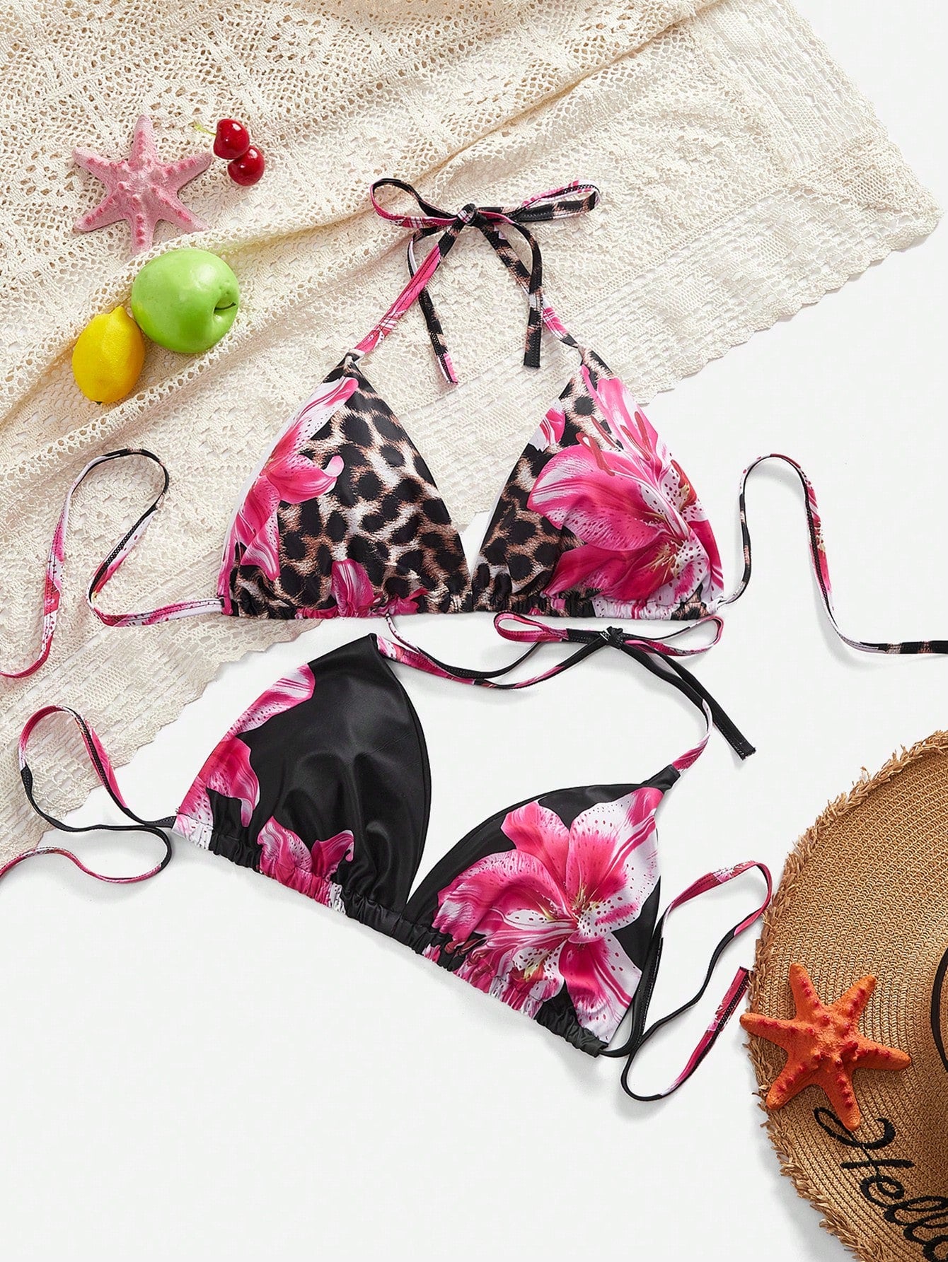 Slaydiva 1pc Plus Size Women Flower Print Halter Bikini Top, 2pcs Set For Summer Beach Vacation