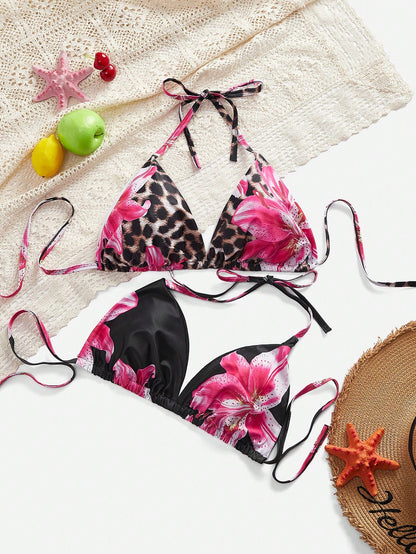 Slaydiva 1pc Plus Size Women Flower Print Halter Bikini Top, 2pcs Set For Summer Beach Vacation