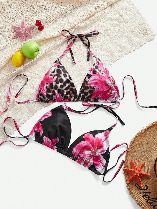 Slaydiva 1pc Plus Size Women Flower Print Halter Bikini Top, 2pcs Set For Summer Beach Vacation