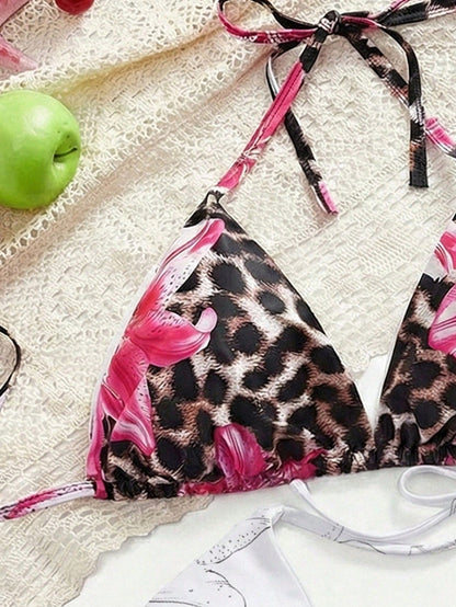 Slaydiva 1pc Plus Size Women Flower Print Halter Bikini Top, 2pcs Set For Summer Beach Vacation