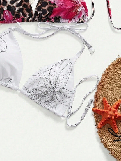 Slaydiva 1pc Plus Size Women Flower Print Halter Bikini Top, 2pcs Set For Summer Beach Vacation