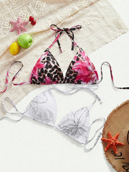 Slaydiva 1pc Plus Size Women Flower Print Halter Bikini Top, 2pcs Set For Summer Beach Vacation
