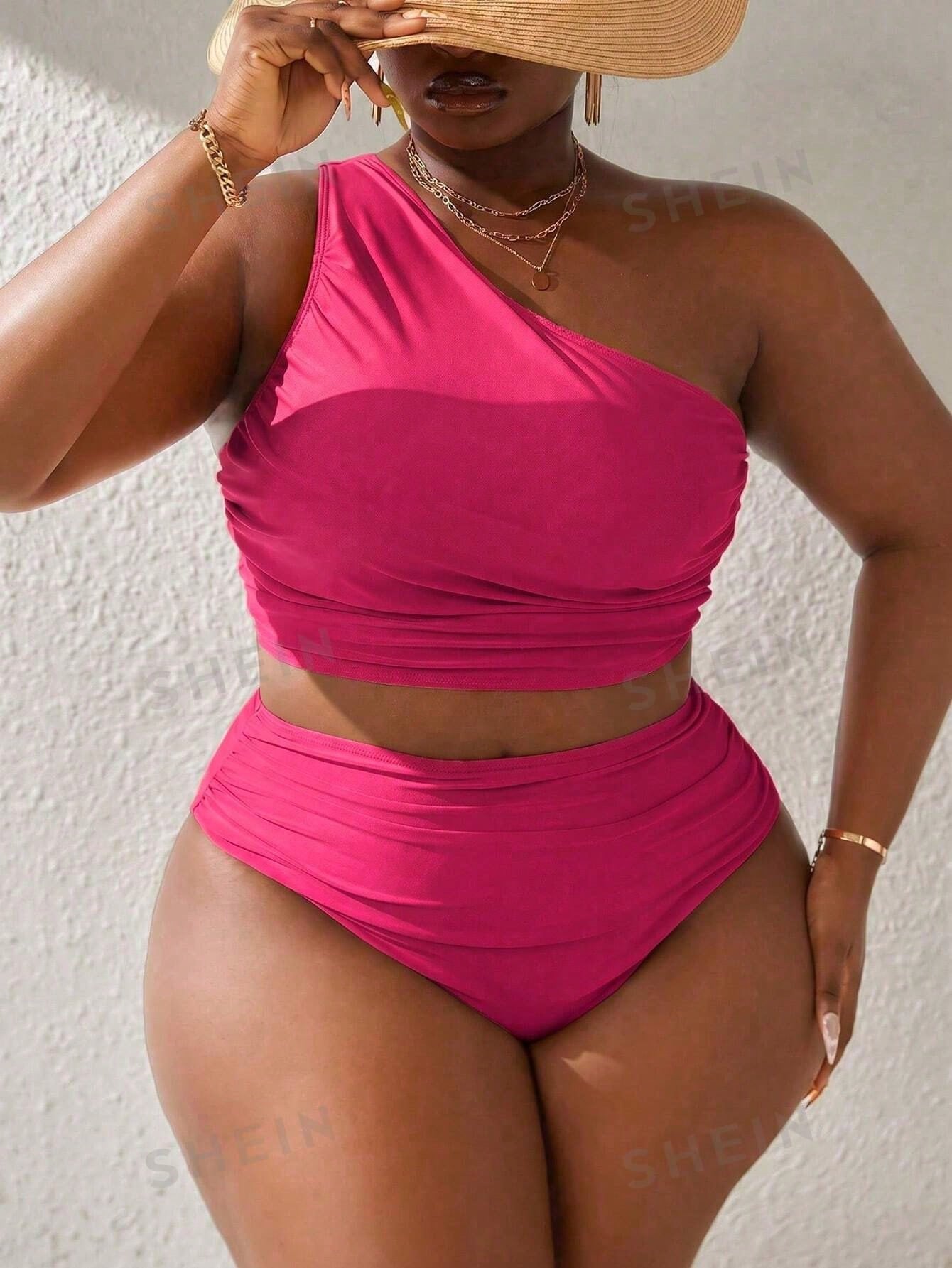 Slaydiva 2026 New Hot Pink Asymmetric Wrap Design Plus Size Tankini Set Holiday Beach Party Holiday Summer Sexy Beach Party Holiday