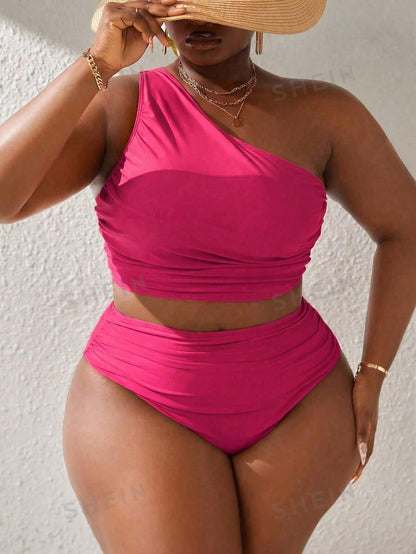 Slaydiva 2026 New Hot Pink Asymmetric Wrap Design Plus Size Tankini Set Holiday Beach Party Holiday Summer Sexy Beach Party Holiday