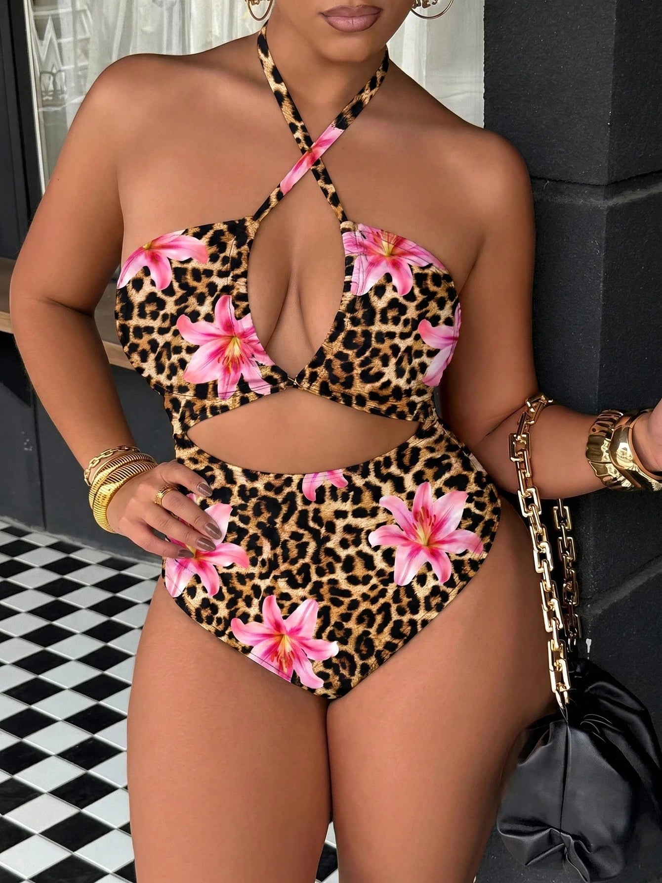 Slaydiva 2026 New Plus Size Women's Summer Beach Vacation Sexy One-Piece Swimsuit, Sexy Leopard Print Hollow Out Ruched Slimming One-Piece Swimsuit