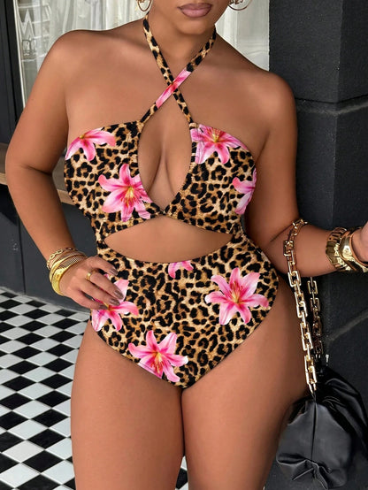 Slaydiva 2026 New Plus Size Women's Summer Beach Vacation Sexy One-Piece Swimsuit, Sexy Leopard Print Hollow Out Ruched Slimming One-Piece Swimsuit