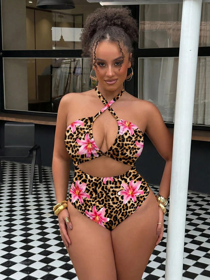 Slaydiva 2026 New Plus Size Women's Summer Beach Vacation Sexy One-Piece Swimsuit, Sexy Leopard Print Hollow Out Ruched Slimming One-Piece Swimsuit