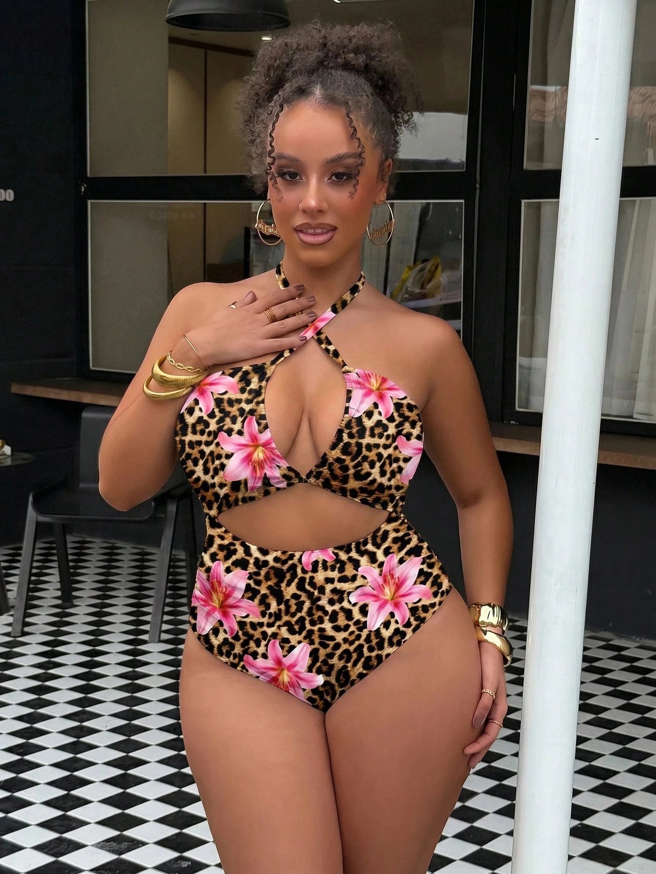 Slaydiva 2026 New Plus Size Women's Summer Beach Vacation Sexy One-Piece Swimsuit, Sexy Leopard Print Hollow Out Ruched Slimming One-Piece Swimsuit