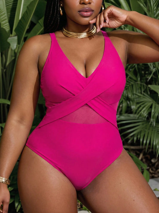 Slaydiva 2026 New Summer Vacation Front Cross Support Mesh Patchwork Plus Size One-Piece Swimsuit