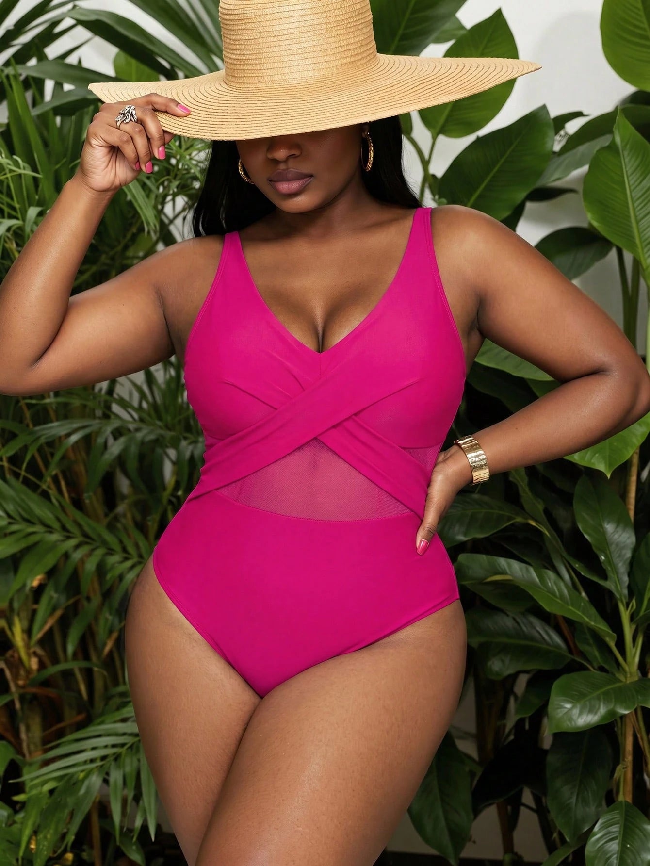 Slaydiva 2026 New Summer Vacation Front Cross Support Mesh Patchwork Plus Size One-Piece Swimsuit