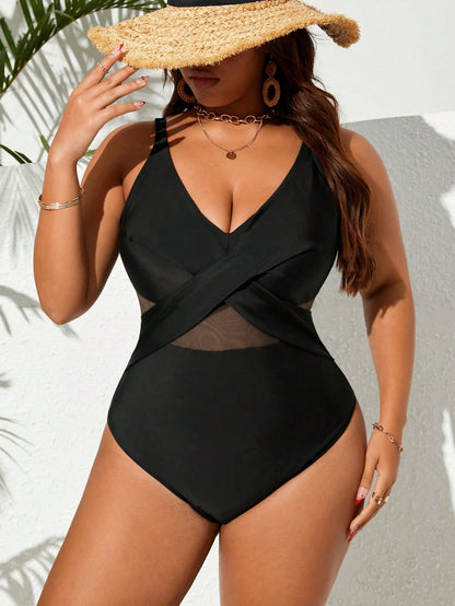 Slaydiva 2026 New Summer Vacation Front Cross Support Mesh Patchwork Plus Size One-Piece Swimsuit