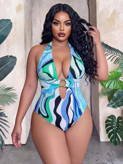 Slaydiva 2026 New Women's Spring/Summer Halter Neck Wavy Print Beach Swimsuit, Plus Size